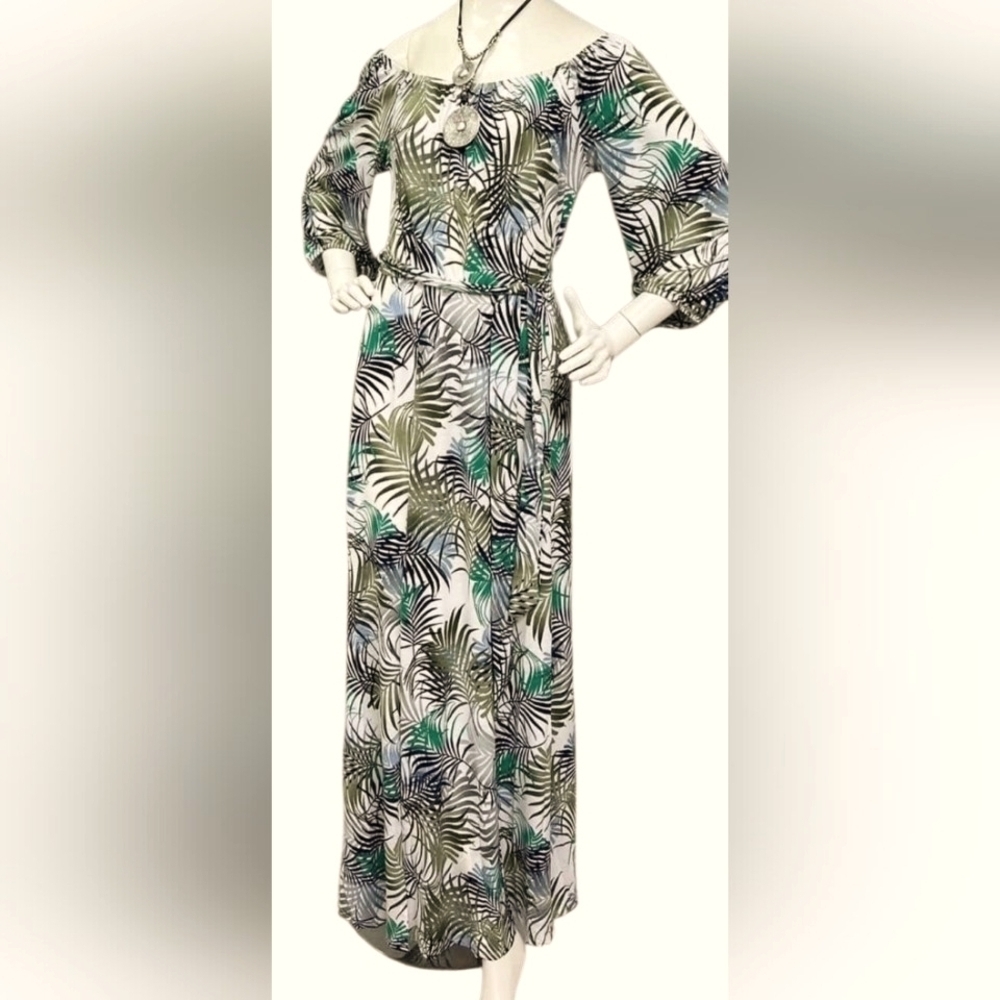 Triple Seven Tropical Palm Print 3/4 Sleeve Maxi Dress Green And Blue Size L